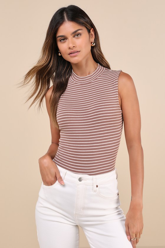 LULUS ELEVATED SELECTION BROWN STRIPED MOCK NECK SLEEVELESS BODYSUIT