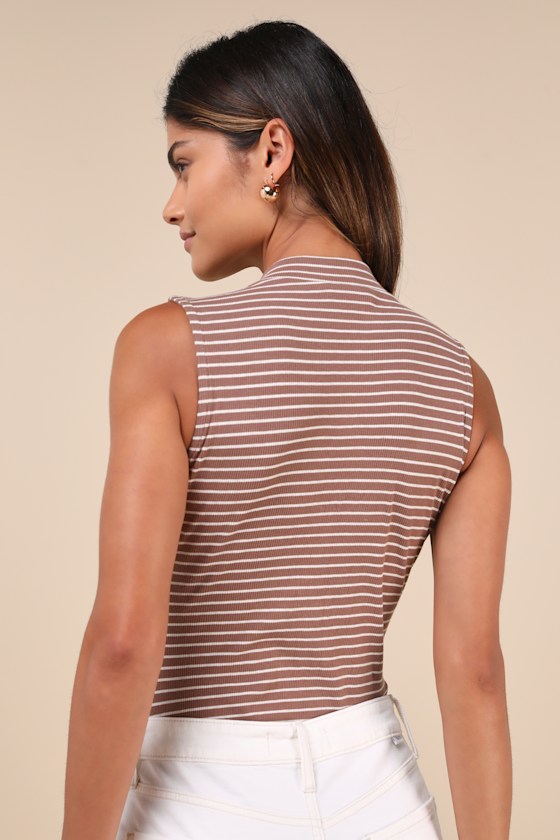 LULUS ELEVATED SELECTION BROWN STRIPED MOCK NECK SLEEVELESS BODYSUIT