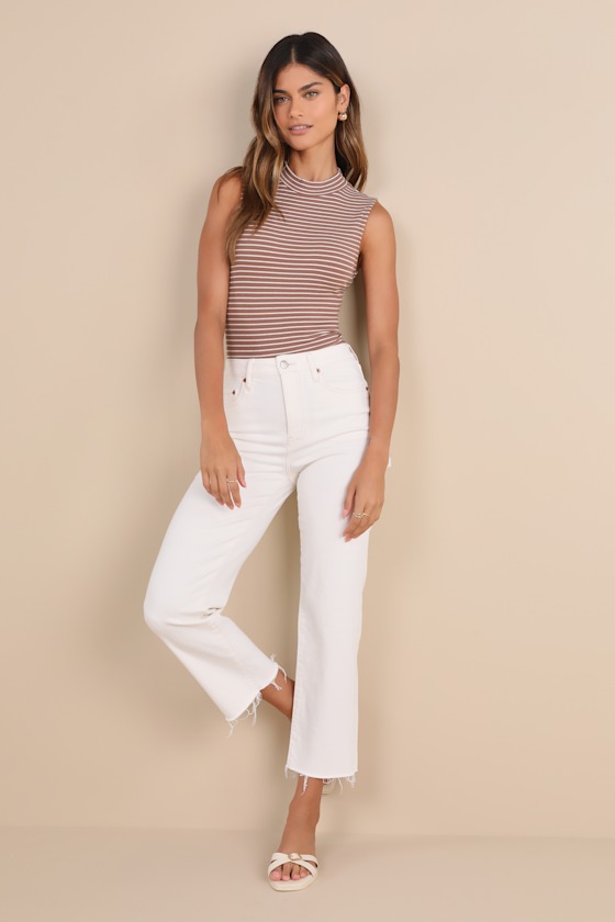LULUS ELEVATED SELECTION BROWN STRIPED MOCK NECK SLEEVELESS BODYSUIT