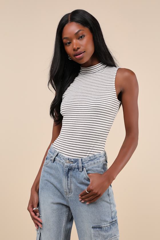 LULUS ELEVATED SELECTION IVORY STRIPED MOCK NECK SLEEVELESS BODYSUIT