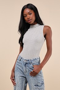 Elevated Selection Ivory Striped Mock Neck Sleeveless Bodysuit 2