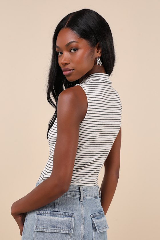Elevated Selection Ivory Striped Mock Neck Sleeveless Bodysuit 3