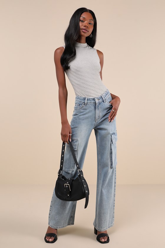 LULUS ELEVATED SELECTION IVORY STRIPED MOCK NECK SLEEVELESS BODYSUIT