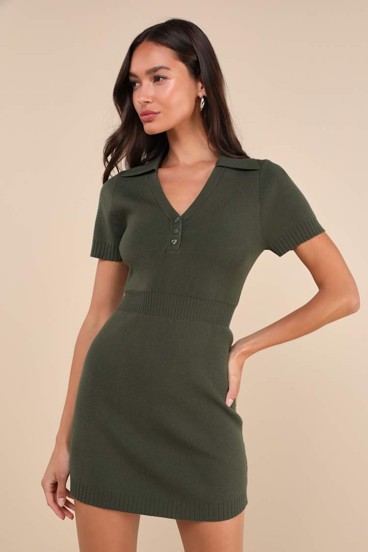 Calculated Charm Olive Green Collared Mini Sweater Dress