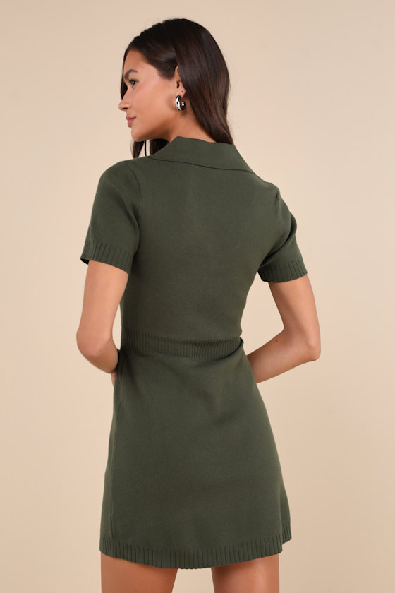 Lulus Calculated Charm Olive Green Collared Mini Sweater Dress In Olive Green