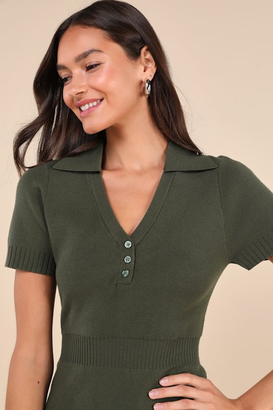 Lulus Calculated Charm Olive Green Collared Mini Sweater Dress In Olive Green