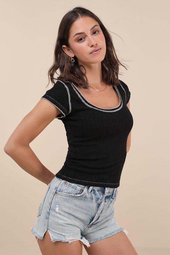 Cute Decision Black Pointelle Knit Short Sleeve Top 2
