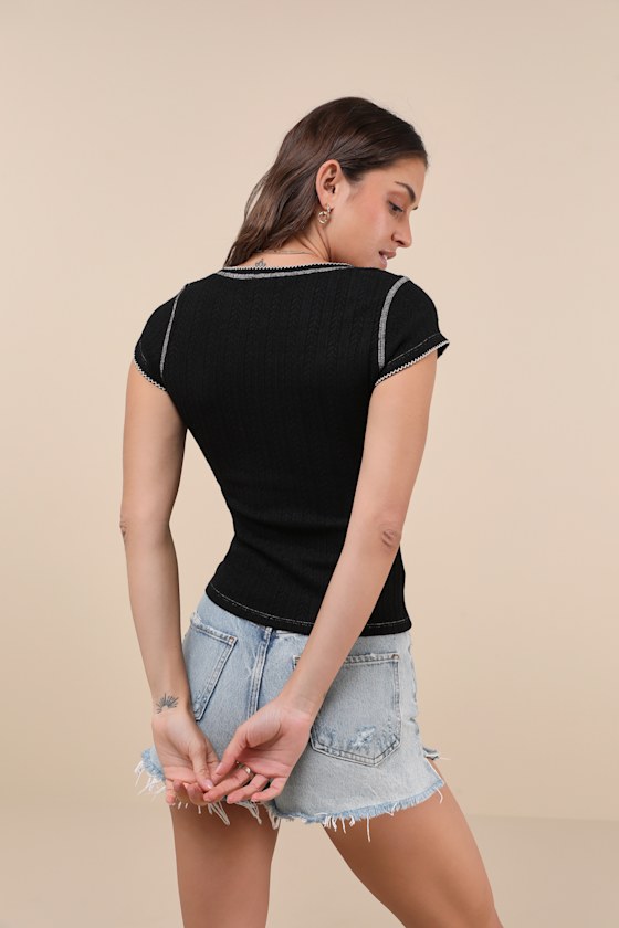 Cute Decision Black Pointelle Knit Short Sleeve Top 3