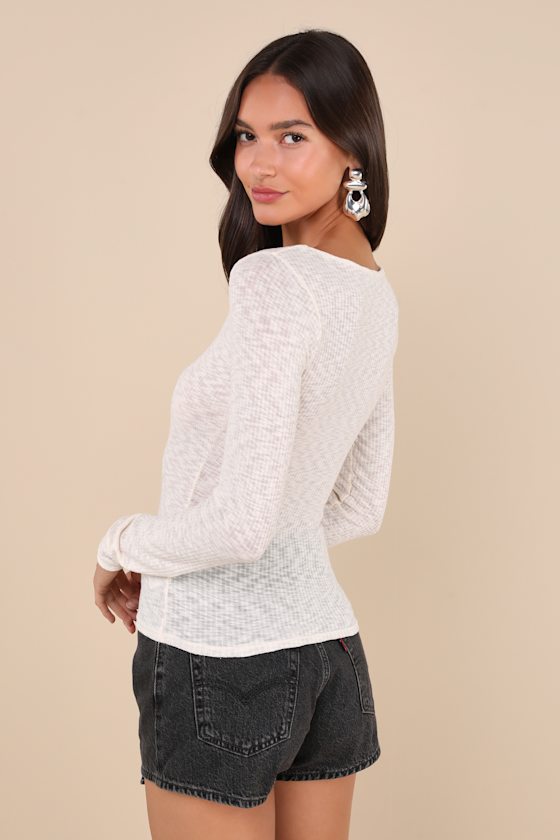 Cream Burnout Knit Top - Cream Long Sleeve Top - Scoop Neck