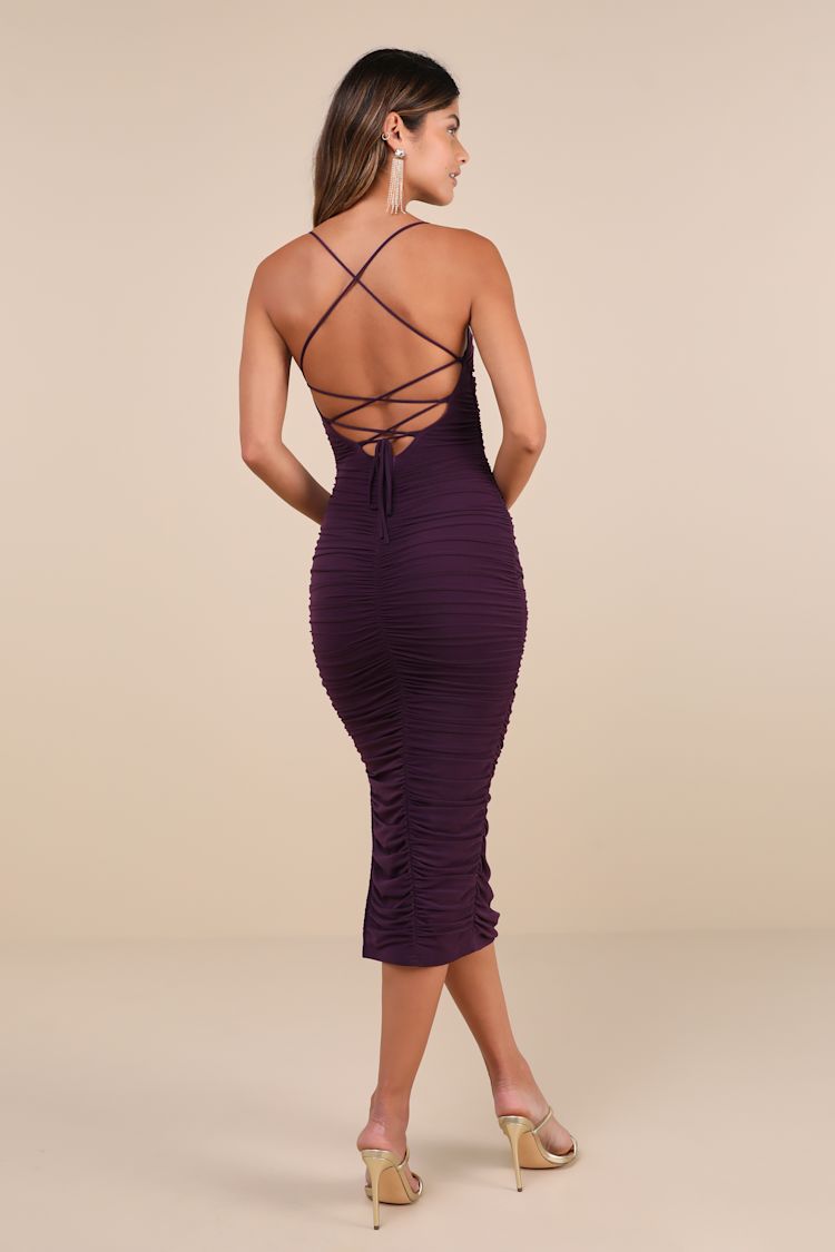 Flirty Instinct Purple Mesh Ruched Lace-Up Bodycon Midi Dress