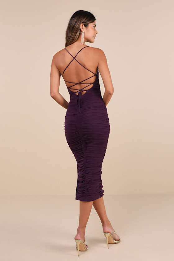 Flirty Instinct Purple Mesh Ruched Lace-Up Bodycon Midi Dress 5