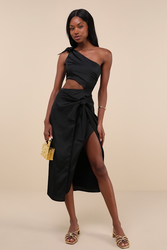 Vacay Beauty Black One-Shoulder Tie-Strap Midi Dress 2