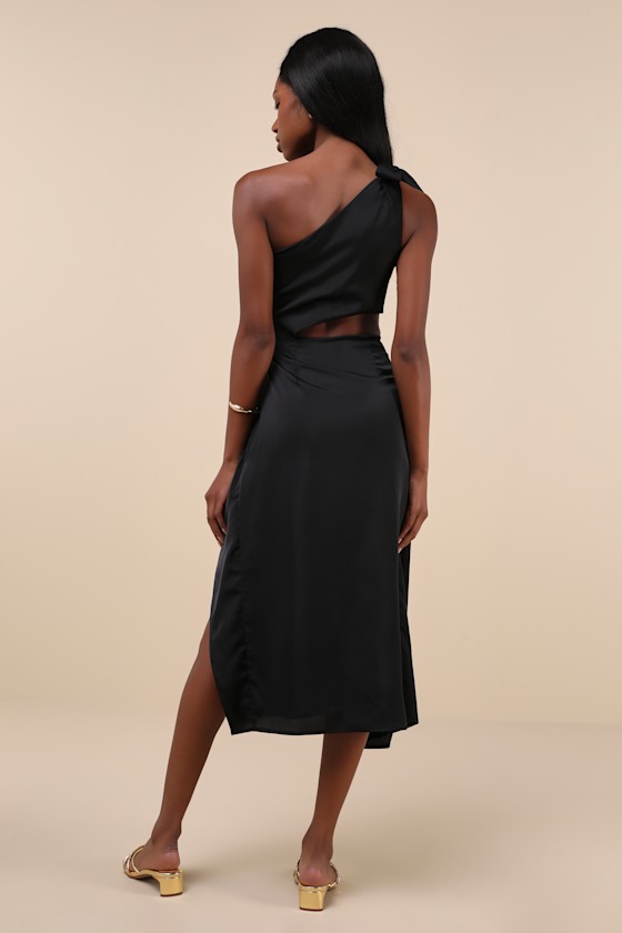 Vacay Beauty Black One-Shoulder Tie-Strap Midi Dress 4