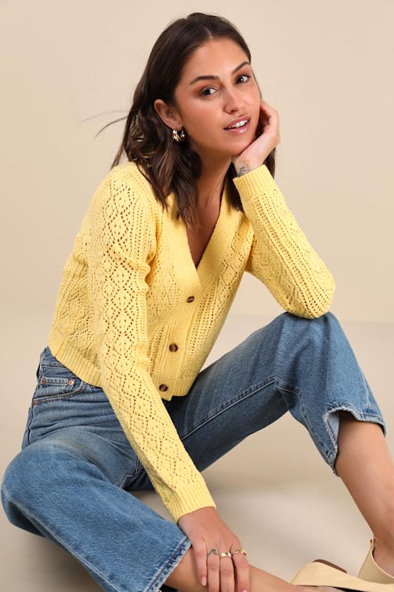 Daily Cutie Yellow Pointelle Knit Cardigan Sweater Top 1