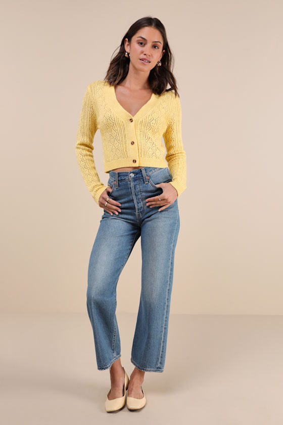 Daily Cutie Yellow Pointelle Knit Cardigan Sweater Top 8