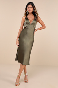 Unmatched Elegance Olive Satin Cutout Sleeveless Midi Dress 1