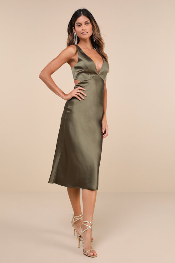 Lulus Unmatched Elegance Olive Satin Cutout Sleeveless Midi Dress In Green