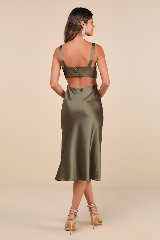 Lulus Unmatched Elegance Olive Satin Cutout Sleeveless Midi Dress In Green