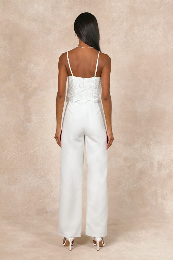 Lulus Exquisite Posture White Floral Embroidered Tiered Jumpsuit In White