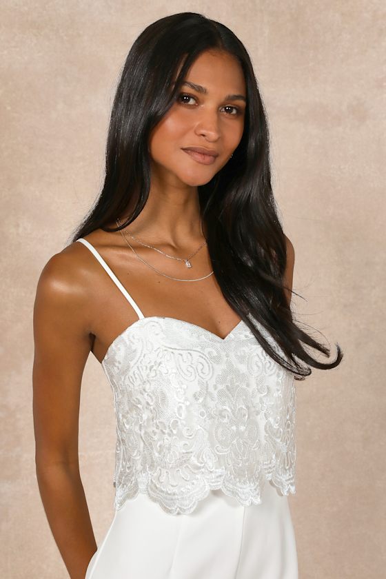Lulus Exquisite Posture White Floral Embroidered Tiered Jumpsuit In White