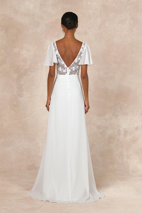 Lulus Beautiful Perfection White Flutter Sleeve Embroidered Maxi Dress In White