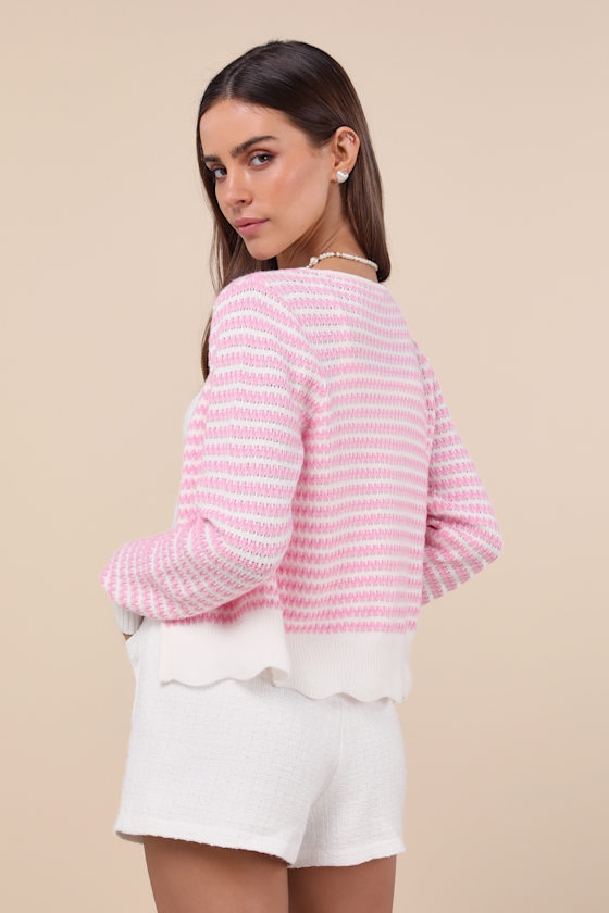 Adorably Snug White and Pink Striped Knit Open-Front Cardigan 6