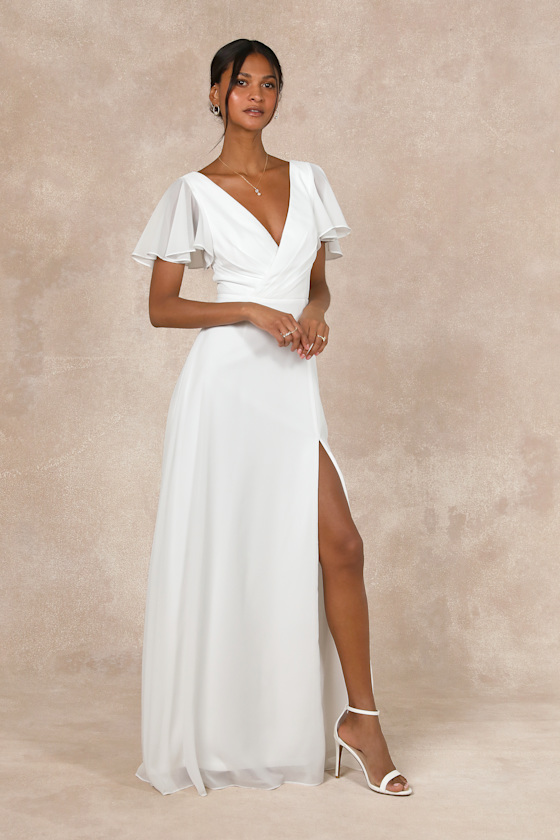 Lulus Beautiful Perfection White Flutter Sleeve Embroidered Maxi Dress In White