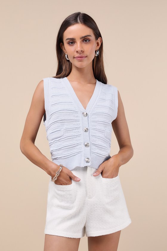 LULUS DELIGHTFULLY POSH LIGHT BLUE BUTTON-FRONT SWEATER VEST TOP