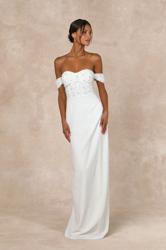 Lulus Immensely Charming White Mesh Pearl Bustier Maxi Dress In White