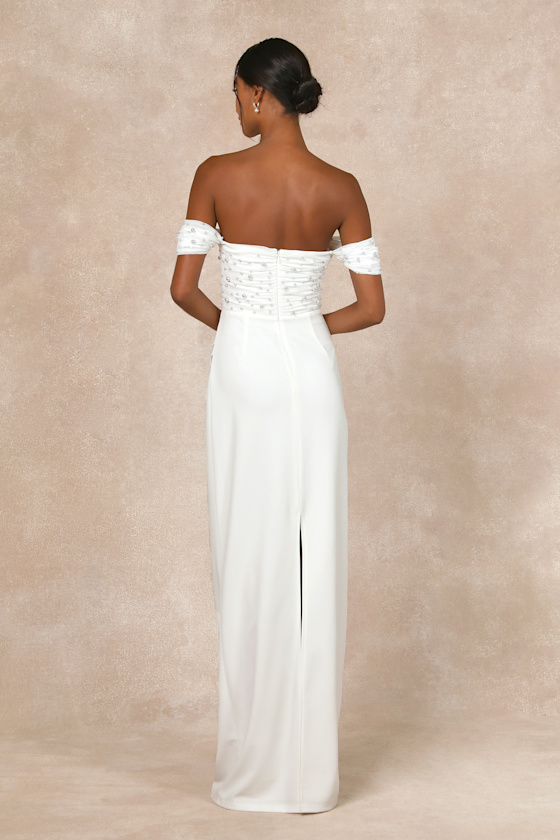 Lulus Immensely Charming White Mesh Pearl Bustier Maxi Dress In White