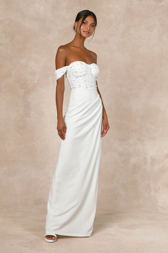 Lulus Immensely Charming White Mesh Pearl Bustier Maxi Dress In White