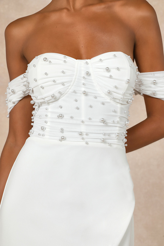 Lulus Immensely Charming White Mesh Pearl Bustier Maxi Dress In White
