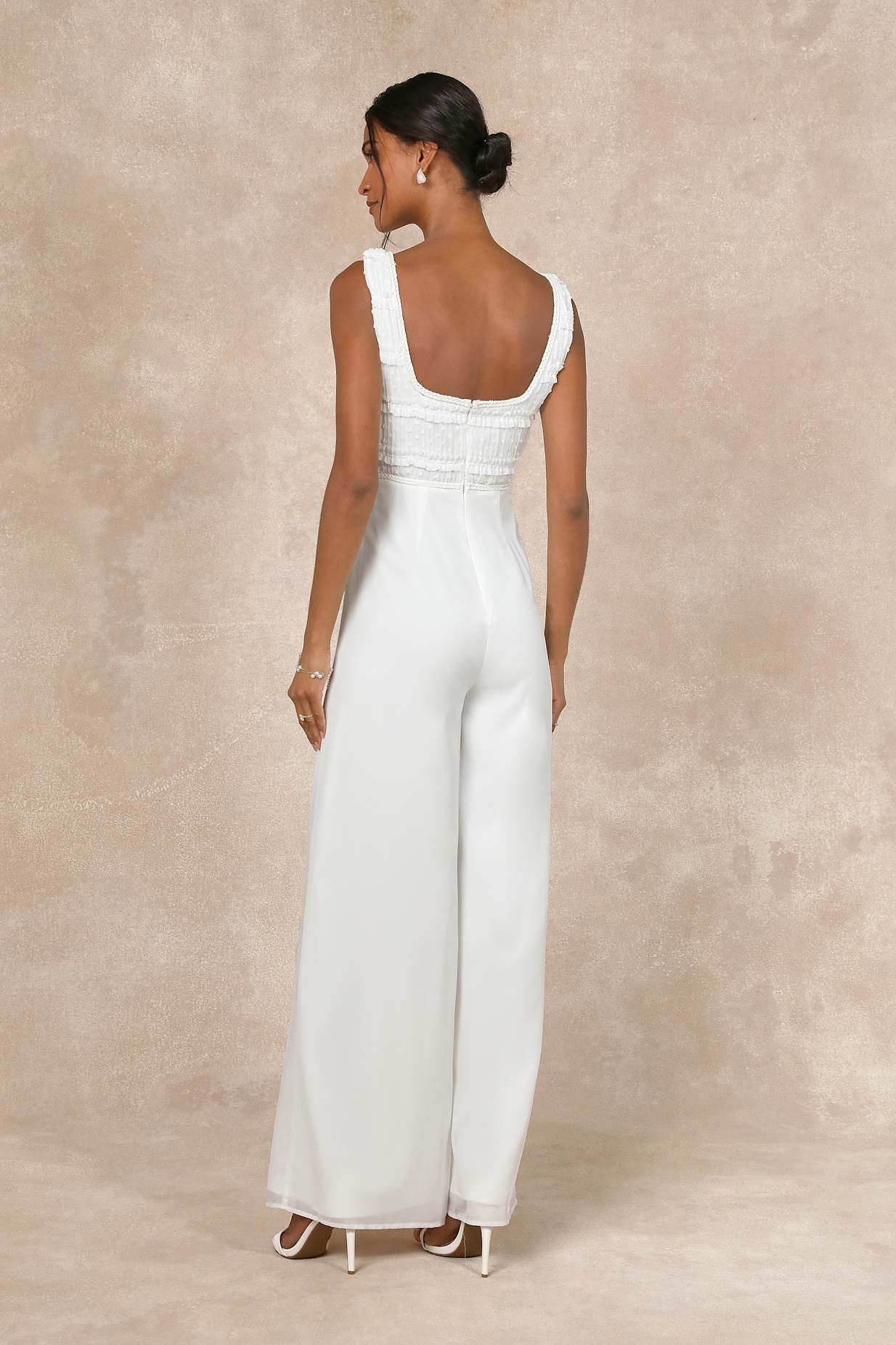 Majorly Iconic White Swiss Dot Ruffled Lace-Up Jumpsuit