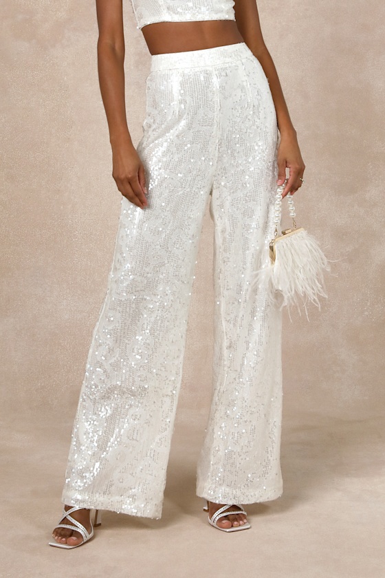 Lulus Divine Presence White Sequin Sleeveless Two-piece Jumpsuit In White