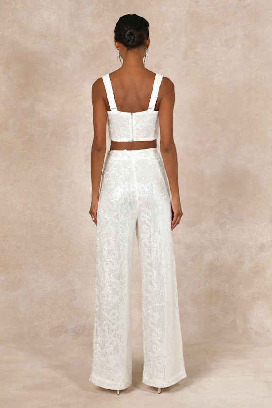 Lulus Divine Presence White Sequin Sleeveless Two-piece Jumpsuit In White