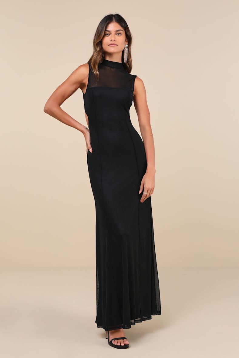 Notably Iconic Black Mesh Backless Maxi Dress
