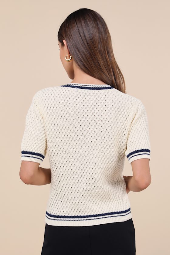 Ivory Short Sleeve Top - Button-Front Sweater Top - Cotton Top - Lulus