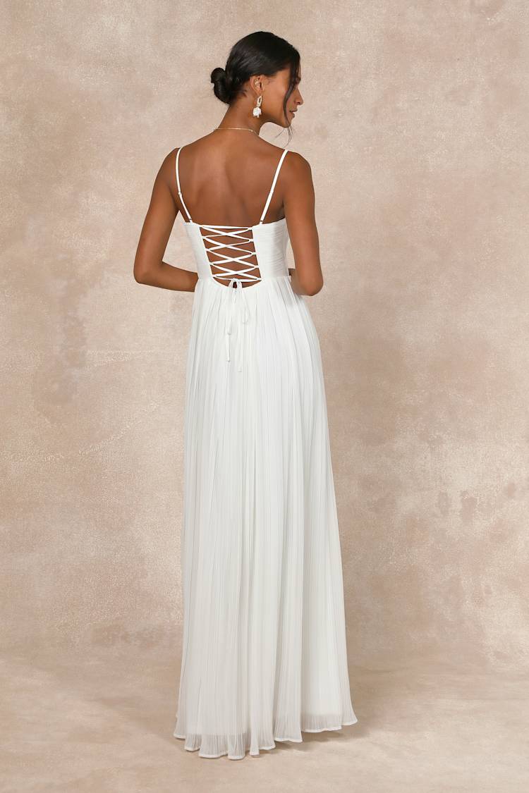White Pleated Gown - Lace-Up Maxi Dress - Pleated Chiffon Gown - Lulus