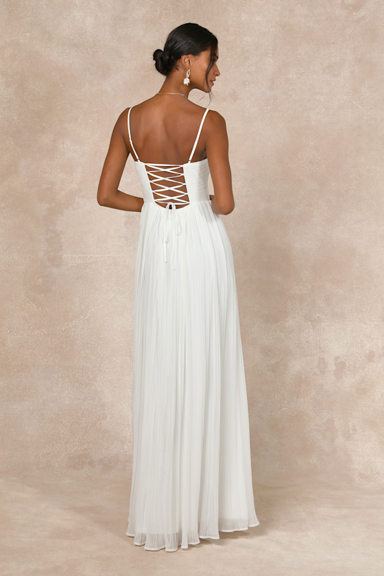 Glorious Elegance White Pleated Sleeveless Lace-Up Maxi Dress 1