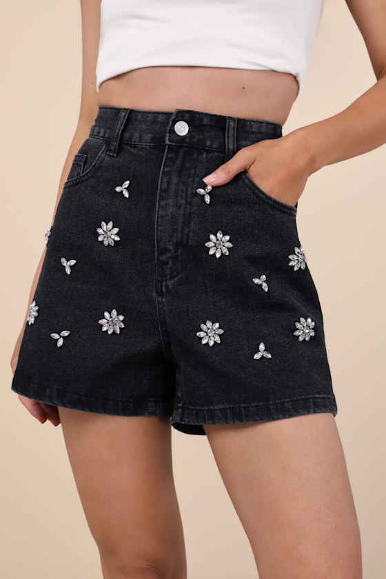 Lulus Easygoing Glow Black Denim Rhinestone High Rise Shorts In Black