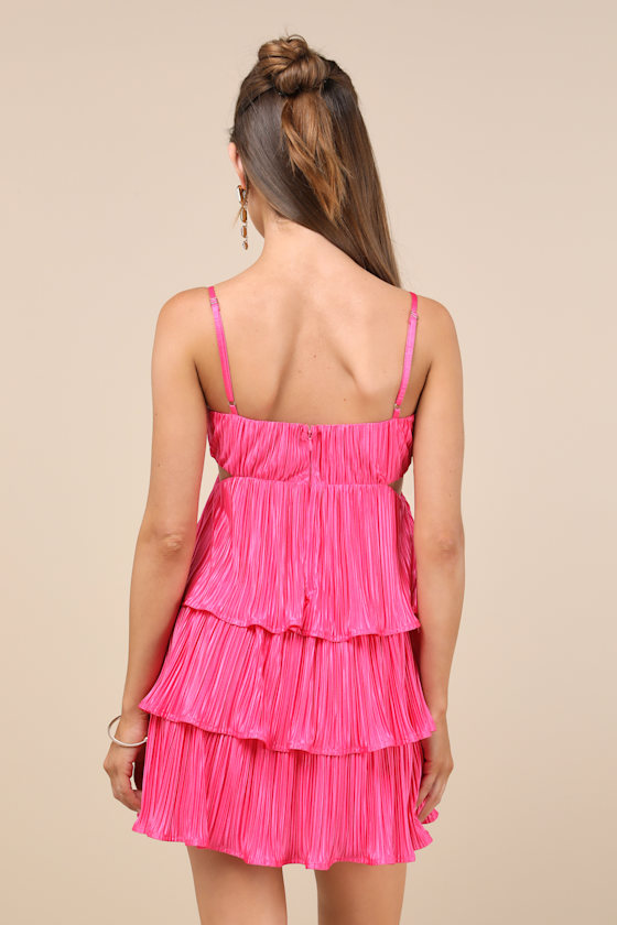 Hot Pink Satin Dress - Tiered Mini Dress - Plisse Satin