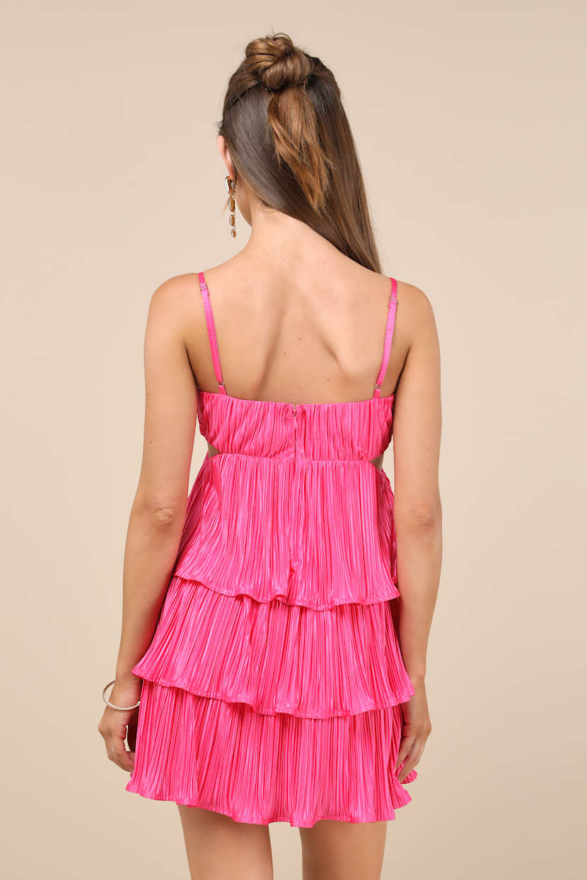 Hot Pink Satin Dress - Tiered Mini Dress - Plisse Satin Dress - Lulus