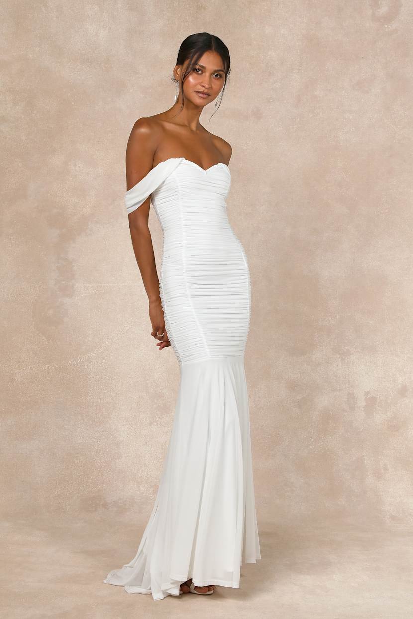 White Mesh OTS Dress - Mermaid Maxi Dress - Ruched Bridal Dress - Lulus
