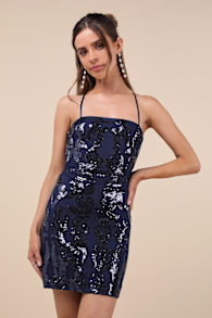 Sincerest Shine Navy Blue Sequin Lace-Up Mini Dress