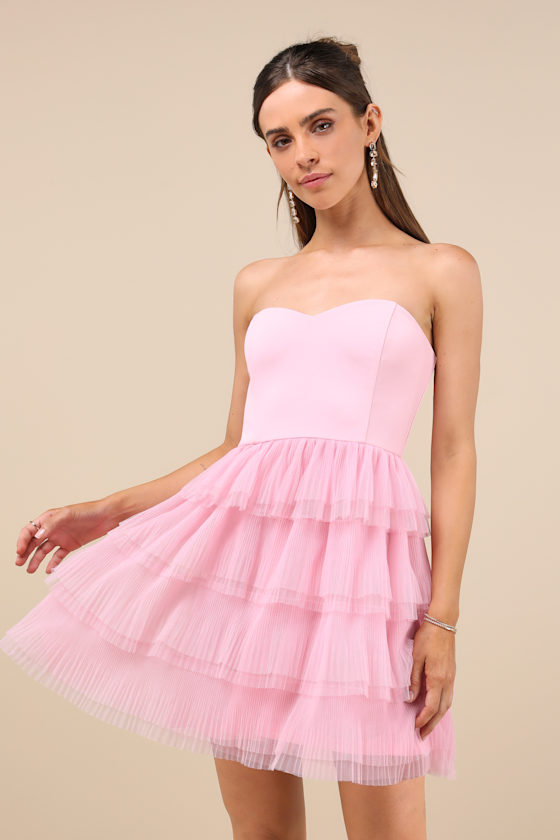 Lulus Fabulous Thoughts Light Pink Tulle Strapless Tiered Mini Dress In Light Pink