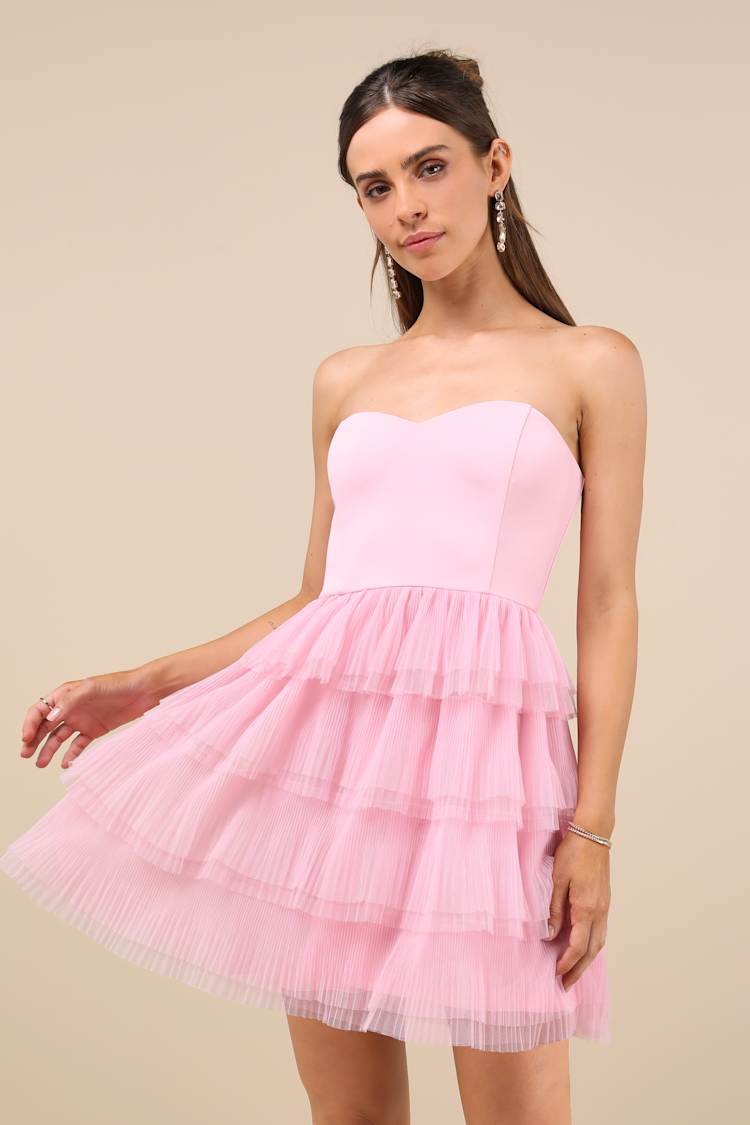 chinese dress ladies Baby Pink Lace Banded Waist Strapless Mini Dress main image 1