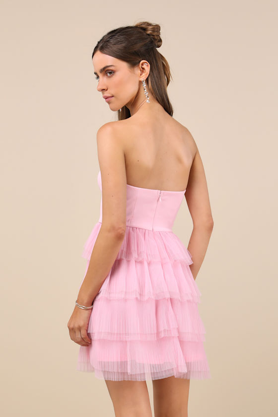 Lulus Fabulous Thoughts Light Pink Tulle Strapless Tiered Mini Dress In Light Pink