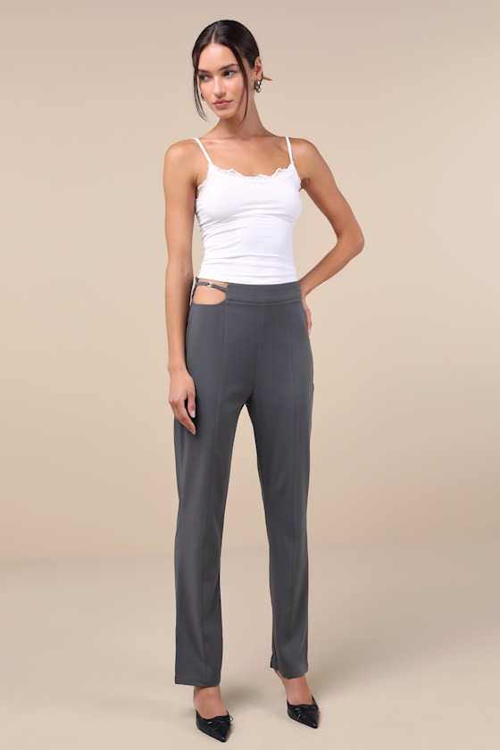 Shop Lulus Polished Aura Dark Grey Cutout High-rise Trousers