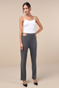 Polished Aura Dark Grey Cutout High-Rise Trousers 1