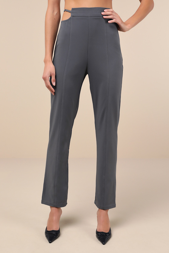 Shop Lulus Polished Aura Dark Grey Cutout High-rise Trousers